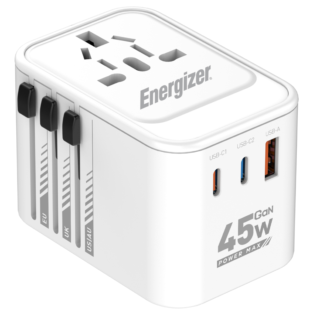 Παγκόσμιος Φορτιστής Ταξιδίου Energizer ETC450 US/AU UK EU με 1xUSB-A 30W και 2xUSB-C 45W/12W GaN Λευκός Παγκόσμιος Φορτιστής Ταξιδίου Energizer ETC450 US/AU UK EU με 1xUSB-A 30W και 2xUSB-C 45W/12W GaN Λευκός
