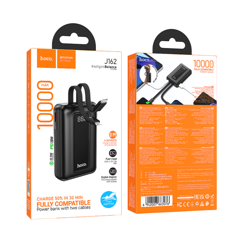 Power Bank Hoco J162 Full Power 10000mAh PD20W+22.5W QC με Θύρες USB+USB-C Ενσωματωμένα Καλώδια USB+Lighting και LED Ένδειξη Μπαταρίας Μαύρο Power Bank Hoco J162 Full Power 10000mAh PD20W+22.5W QC με Θύρες USB+USB-C Ενσωματωμένα Καλώδια USB+Lighting και LED Ένδειξη Μπαταρίας Μαύρο