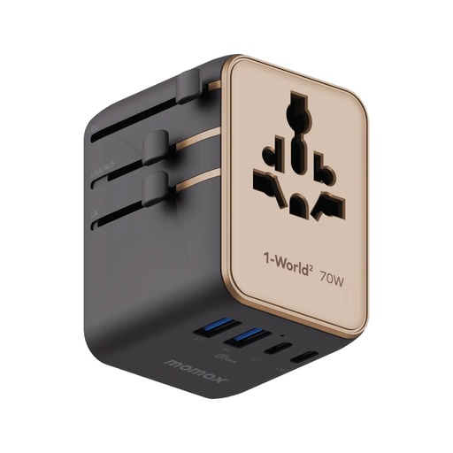 1-World² 5-Port Mini Universal Travel GaN Charger 70W with Dual AC Sandstone