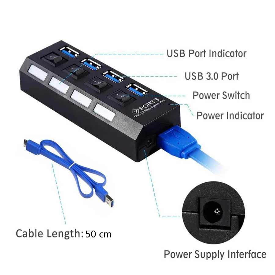 USB 3.0 HUB 4-Port Hi-Speed w/Switches & Blue LED Desing USB 3.0 HUB 4-Port Hi-Speed w/Switches & Blue LED Desing