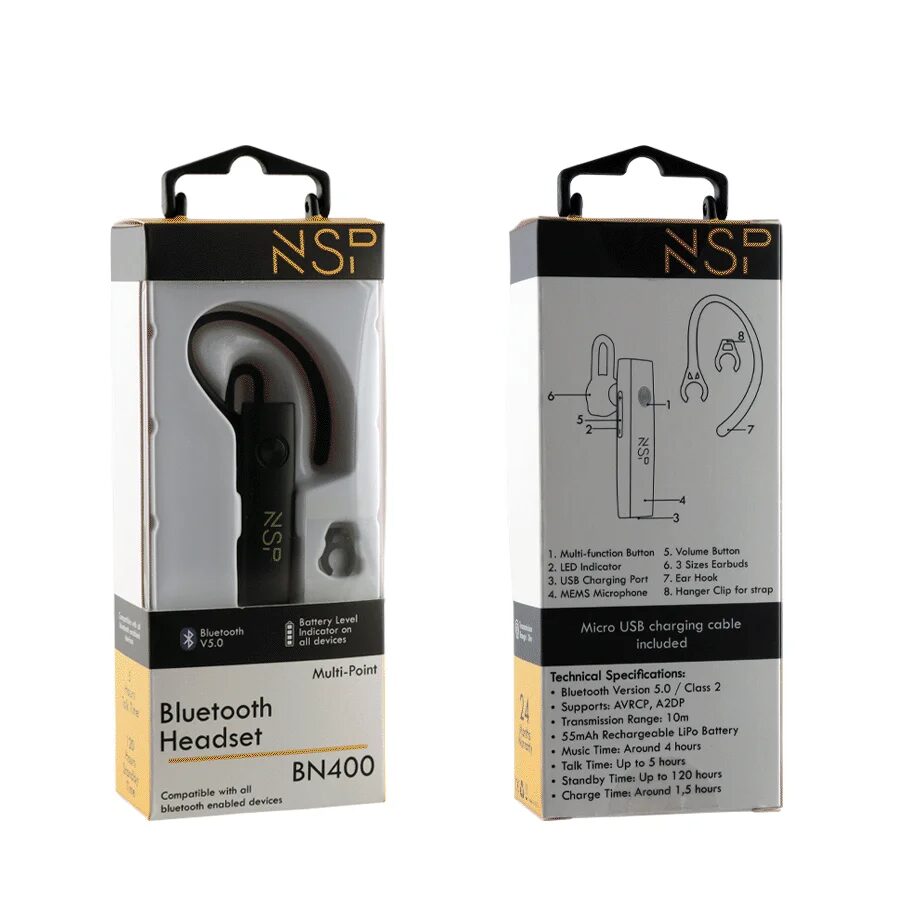 Ακουστικό Bluetooth Headset V5.0 + Hanger Clip για κορδόνι λαιμού NSP BN400 Ακουστικό Bluetooth Headset V5.0 + Hanger Clip για κορδόνι λαιμού NSP BN400