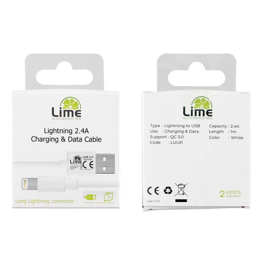 Καλώδιο Lightning Long USB 2.4A Φόρτισης - Data 1m Λευκό LULO1 Lime Καλώδιο Lightning Long USB 2.4A Φόρτισης - Data 1m Λευκό LULO1 Lime