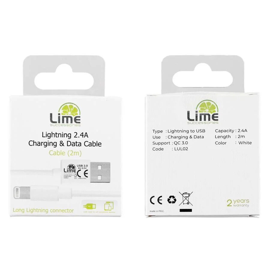 Καλώδιο Lightning Long USB 2.4A Φόρτισης - Data 2m Λευκό LULO2 Lime Καλώδιο Lightning Long USB 2.4A Φόρτισης - Data 2m Λευκό LULO2 Lime