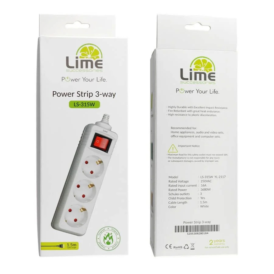 Πολύπριζα 3θ Με Διακόπτη 1,5M,3g1,5 λευκό LS-315W LIME Πολύπριζα 3θ Με Διακόπτη 1,5M,3g1,5 λευκό LS-315W LIME