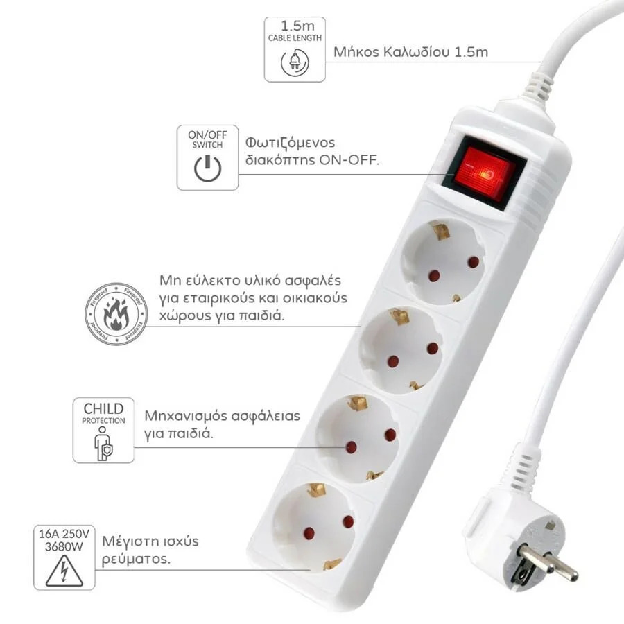 Πολύπριζα 4θ Με Διακόπτη 1,5M,3g1,5 λευκό LS-415W LIME Πολύπριζα 4θ Με Διακόπτη 1,5M,3g1,5 λευκό LS-415W LIME