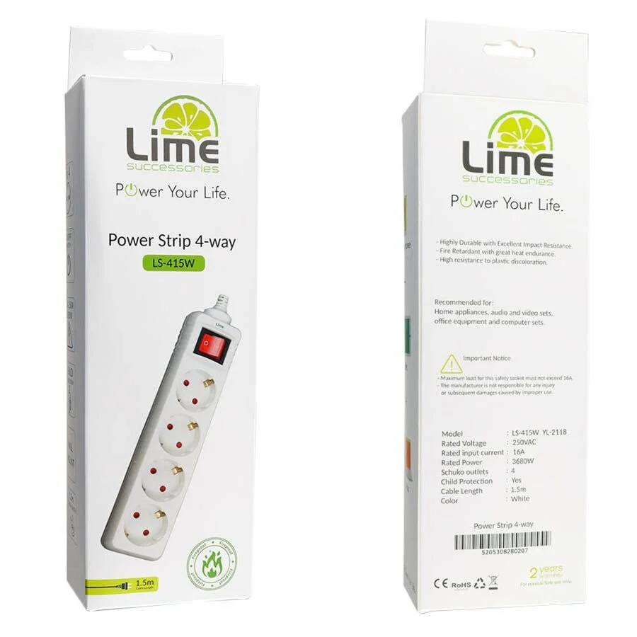 Πολύπριζα 4θ Με Διακόπτη 1,5M,3g1,5 λευκό LS-415W LIME Πολύπριζα 4θ Με Διακόπτη 1,5M,3g1,5 λευκό LS-415W LIME