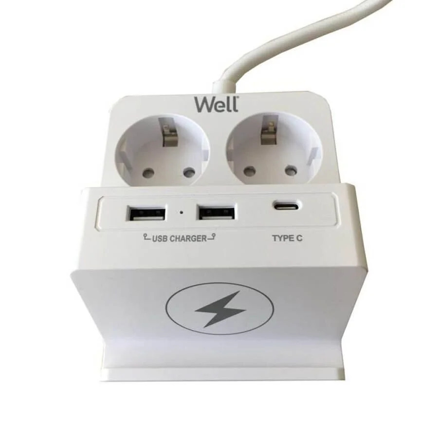 Πολύπριζο Well 2x Schuko και 2x USB A & 1x USB Type-C Wireless Charger 2m/3g1.5 με προστασία EXTS-2S Πολύπριζο Well 2x Schuko και 2x USB A & 1x USB Type-C Wireless Charger 2m/3g1.5 με προστασία EXTS-2S