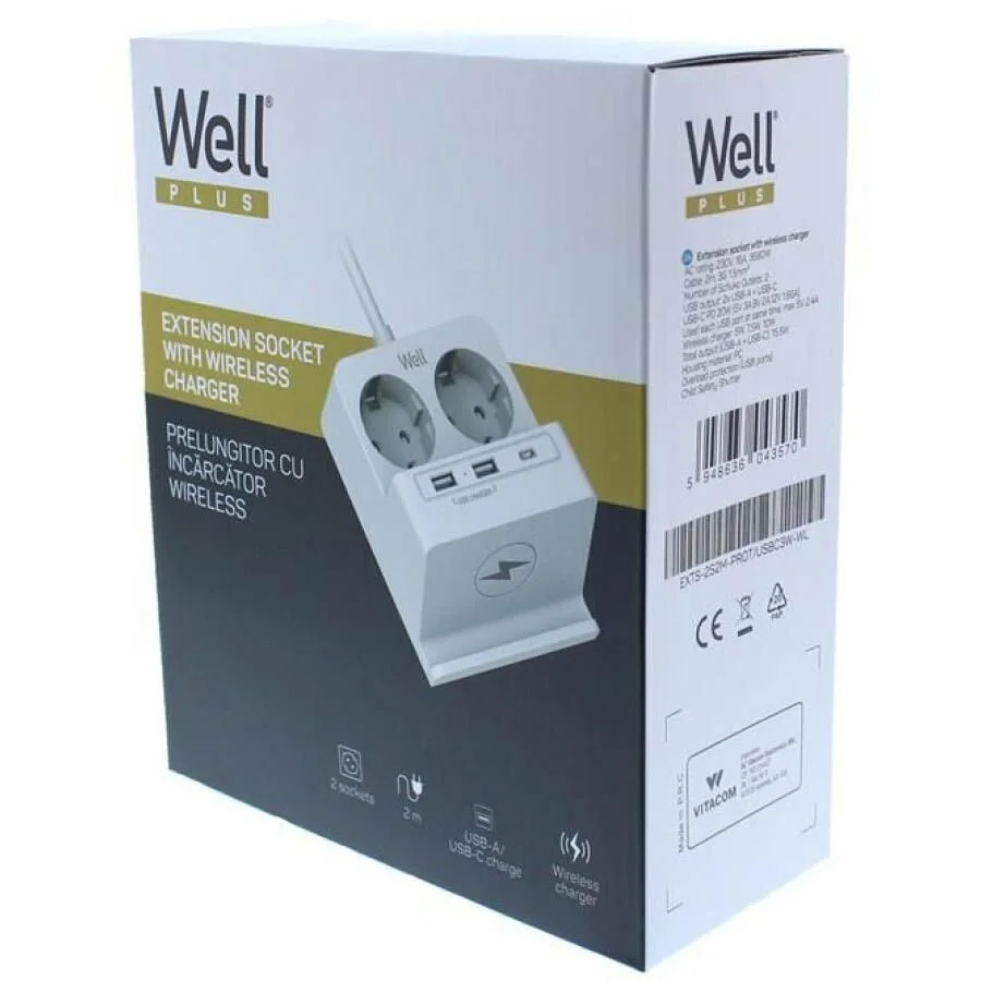 Πολύπριζο Well 2x Schuko και 2x USB A & 1x USB Type-C Wireless Charger 2m/3g1.5 με προστασία EXTS-2S Πολύπριζο Well 2x Schuko και 2x USB A & 1x USB Type-C Wireless Charger 2m/3g1.5 με προστασία EXTS-2S