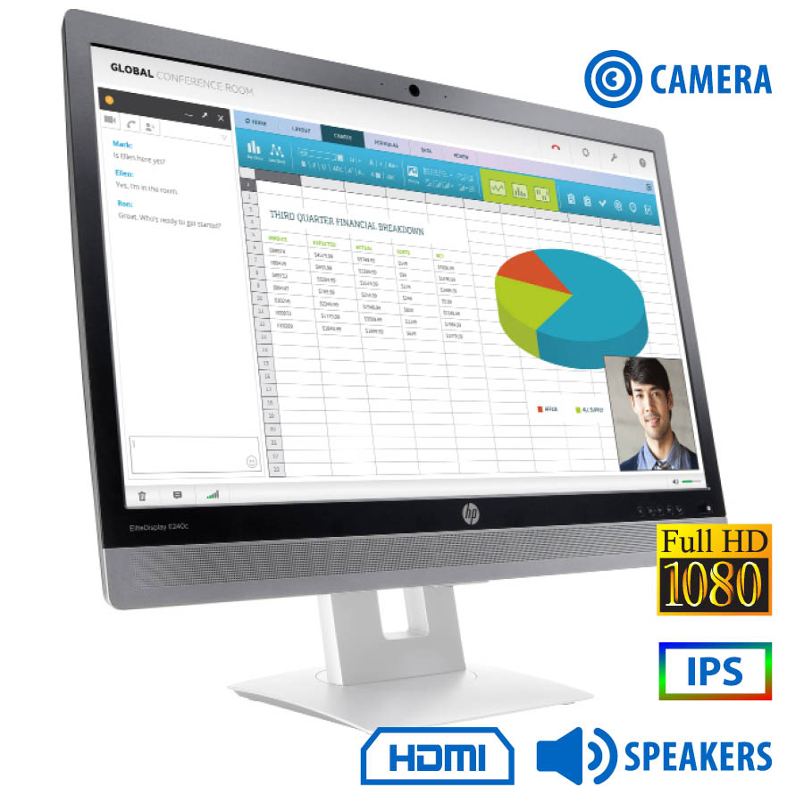 Used Monitor EliteDisplay E240c IPS LED/HP/24``FHD/w/Camera/1920x1080/Wide/Black/w/Speakers/D-SUB & Used Monitor EliteDisplay E240c IPS LED/HP/24``FHD/w/Camera/1920x1080/Wide/Black/w/Speakers/D-SUB &