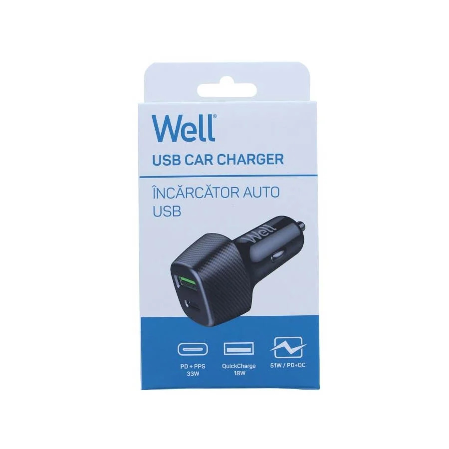 Well Universal DUAL USB 3.0/Type C Fast Car Charger 5V/3A 51W Μαύρος PSUP-USB-CPQ5101BK-WL Well Universal DUAL USB 3.0/Type C Fast Car Charger 5V/3A 51W Μαύρος PSUP-USB-CPQ5101BK-WL