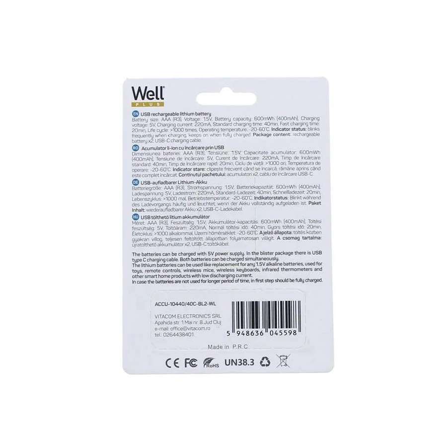 Well Μπαταρία 400mA R3 AAA 2τεμ Επαναφορτιζόμενη με καλώδιο φόρτισης USB-C ACCU-10440/40C-BL2-WL Well Μπαταρία 400mA R3 AAA 2τεμ Επαναφορτιζόμενη με καλώδιο φόρτισης USB-C ACCU-10440/40C-BL2-WL