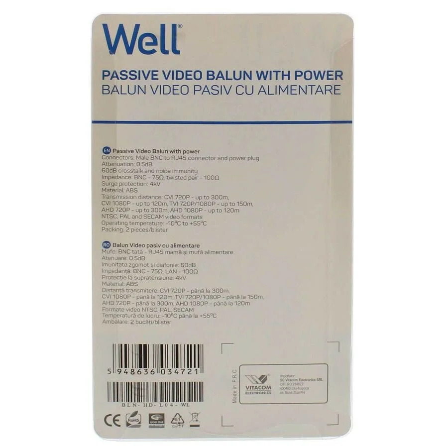 Video balun HD Passive 8MP 2τεμ Well BLN-HD-L04-WL Video balun HD Passive 8MP 2τεμ Well BLN-HD-L04-WL